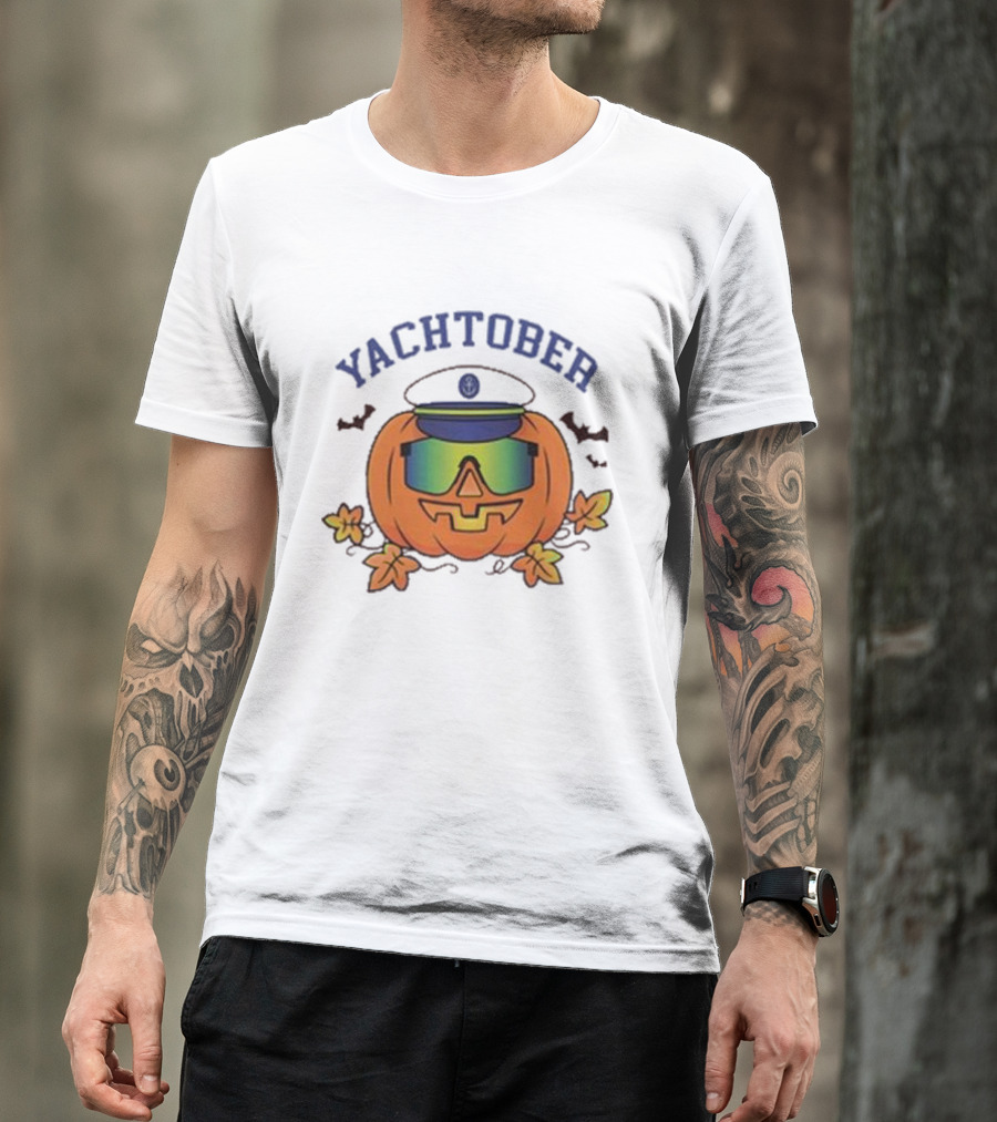 Yachtober Captain Pumpkin With Sunglasses And Bats T-Shirt