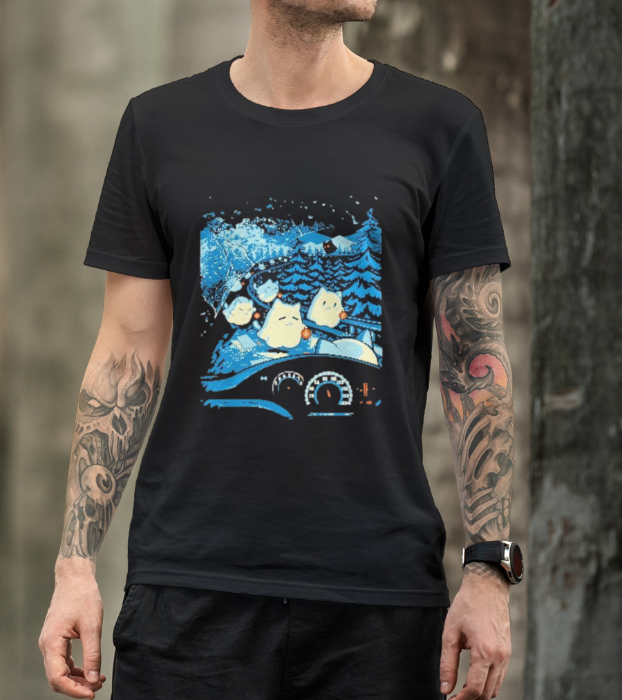 Haunted Road Pixel Art Ghost Cats Forest Adventure T-Shirt