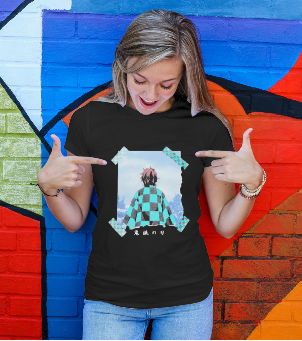 Demon Slayer Kimetsu No Yaiba Tanjiro Checkered Cloak Japanese Text UT Collection T-Shirt