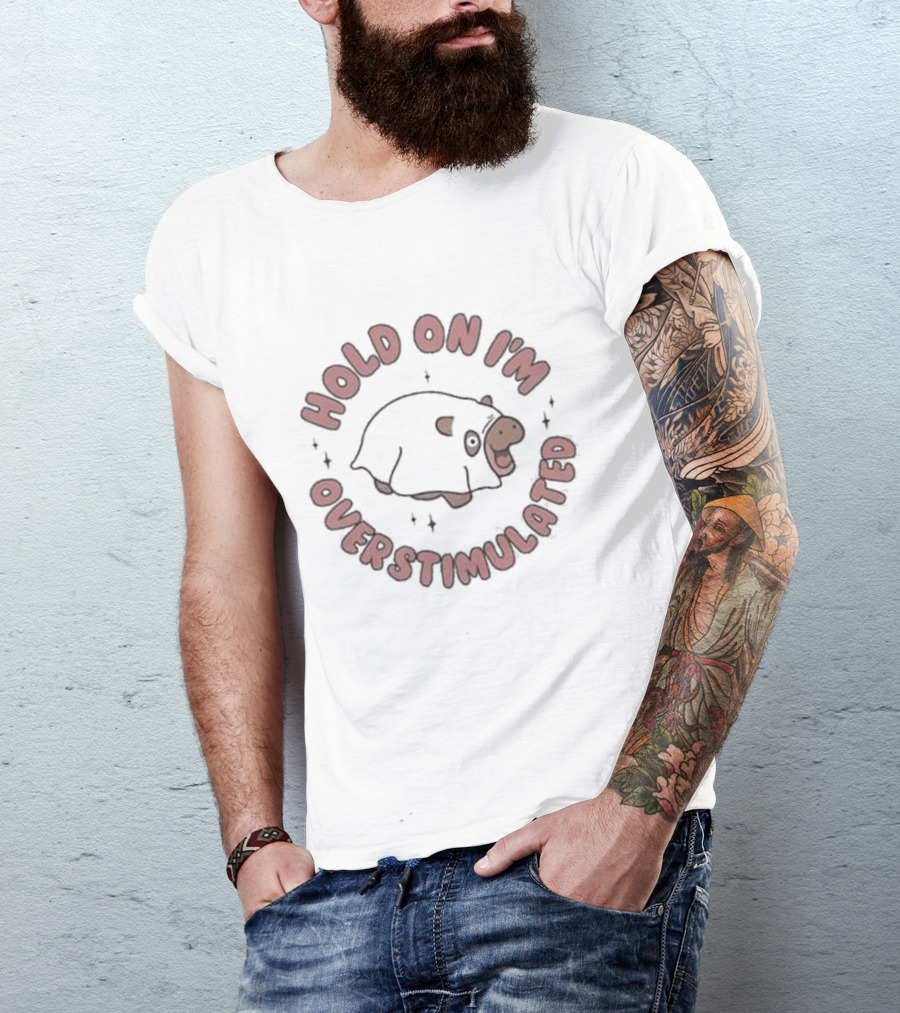 Hold On I'm Overstimulated Cute Cartoon Cow With Sparkles T-Shirt