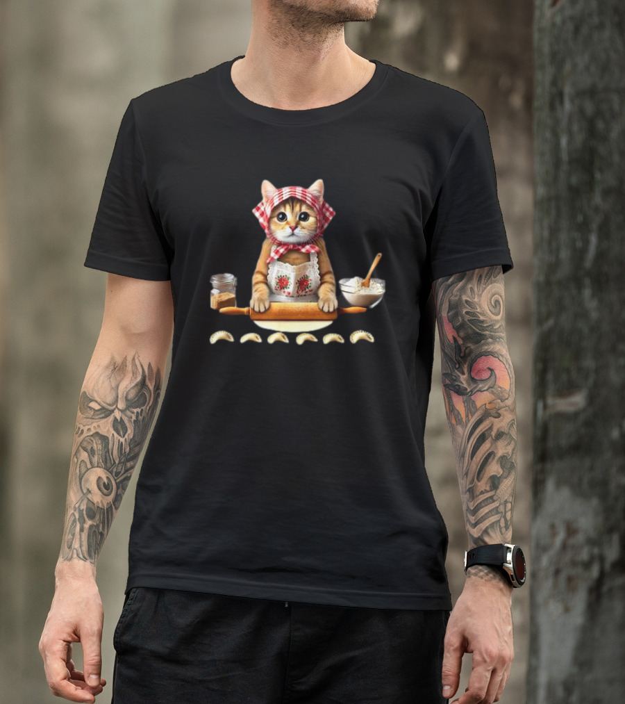 Cat Making Pierogi With Rolling Pin And Ingredients Polish T-Shirt