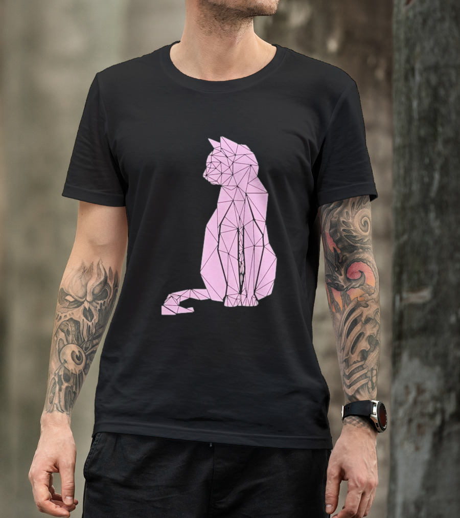 Geometric Cat Feline Pet Lover Minimalist Pink Line T-Shirt