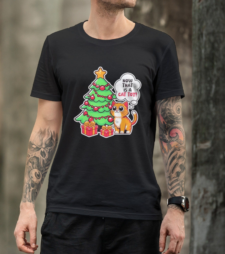 Now That Is A Cat Toy A Cute Orange Cat With Wide Eyes Next To Decorated Christmas Tree T-Shirt