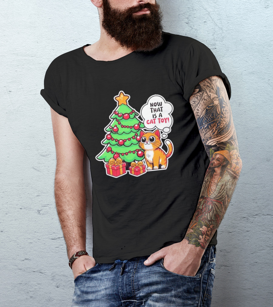Now That Is A Cat Toy A Cute Orange Cat With Wide Eyes Next To Decorated Christmas Tree T-Shirt