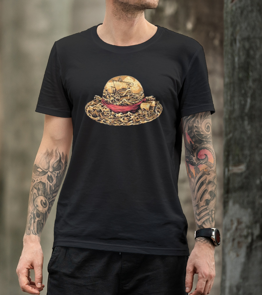 Pirate Hat Sea Waves Boat Japanese Luffy T-Shirt
