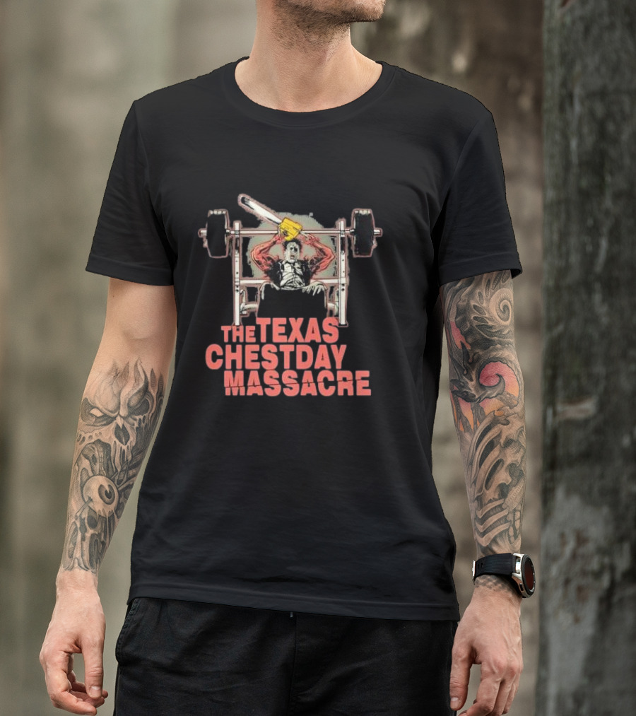 The Texas Chestday Massacre Horror Workout Characters Chainsaw Gym Scene T-Shirt
