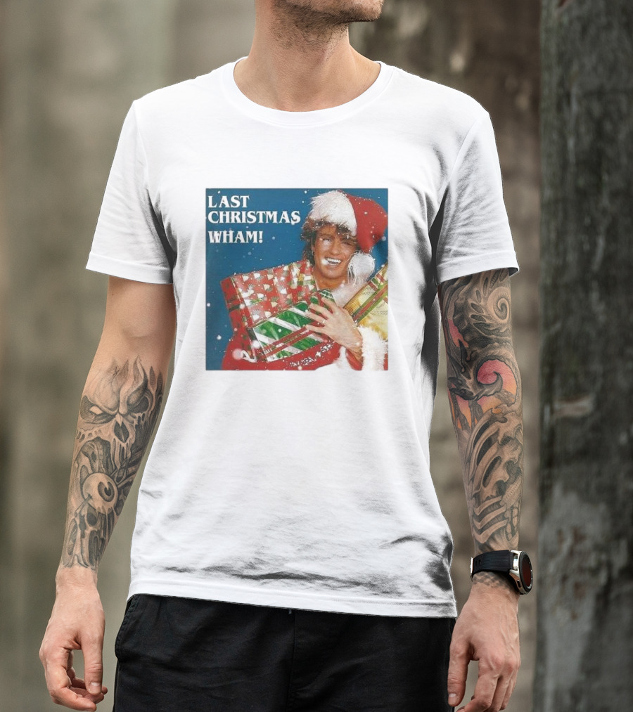 Last Christmas Wham George Michael Santa Hat Holding Gift T-Shirt
