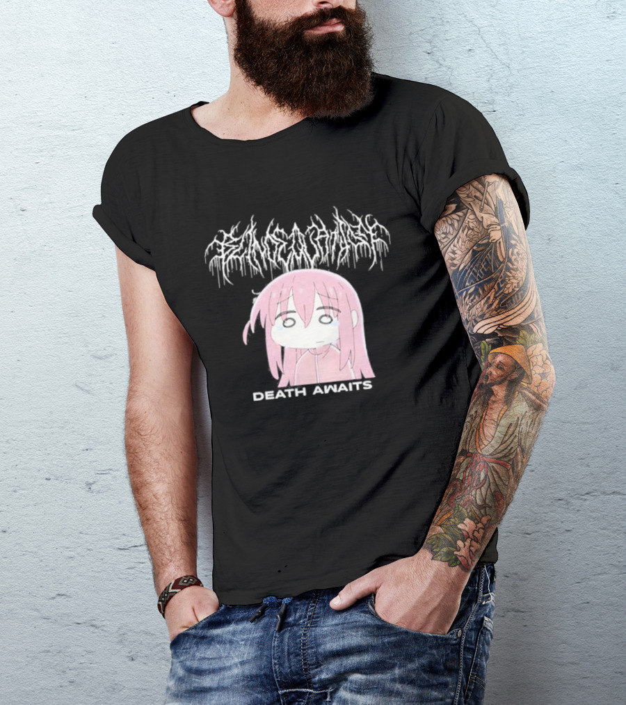 Bocchi The Rock Death Awaits Metal Style Art With Pink-Haired Character T-Shirt