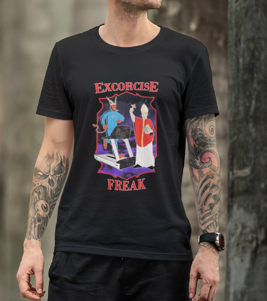 EXCORCISE FREAK Demon On Treadmill With Priest T-Shirt