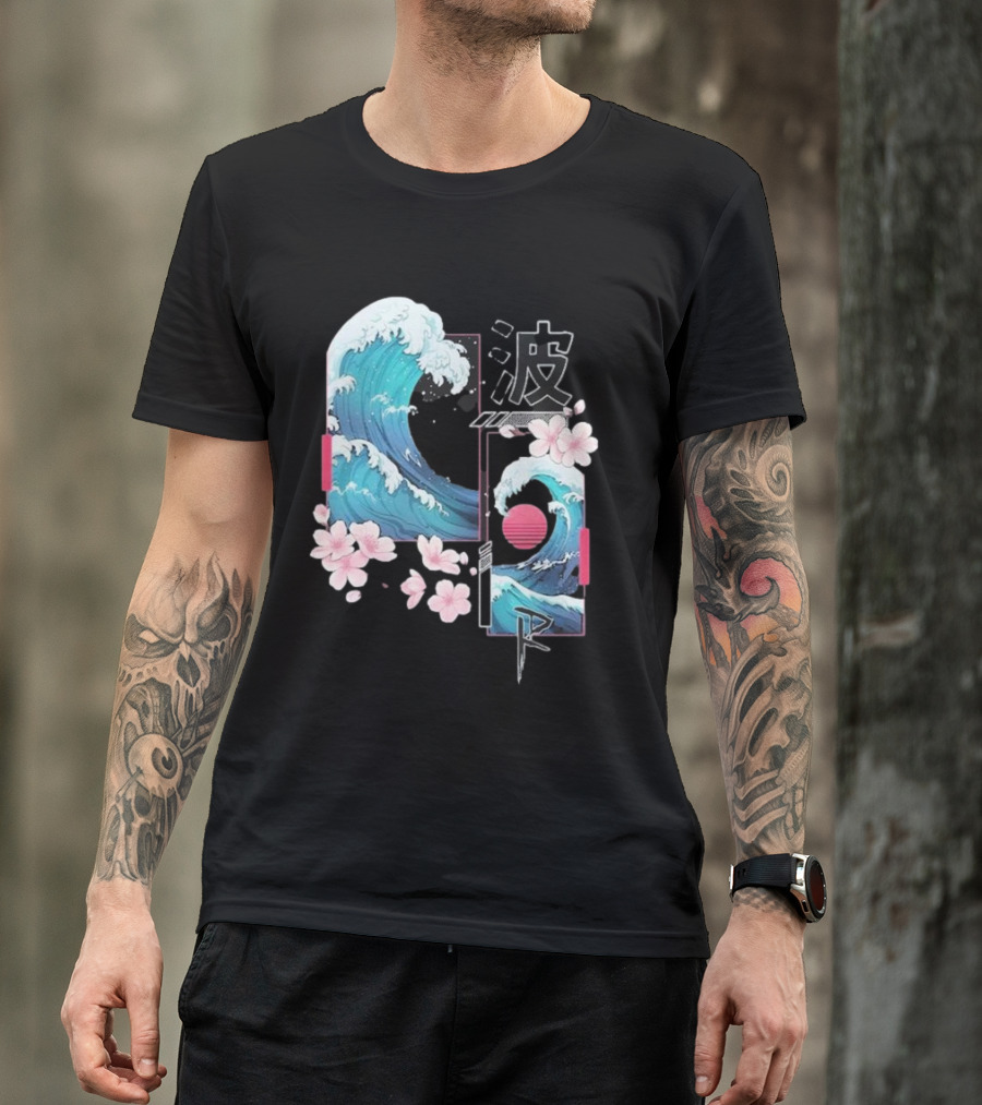 Pandorya Nami Cherry Blossom Wave Aesthetic Grnk T-Shirt