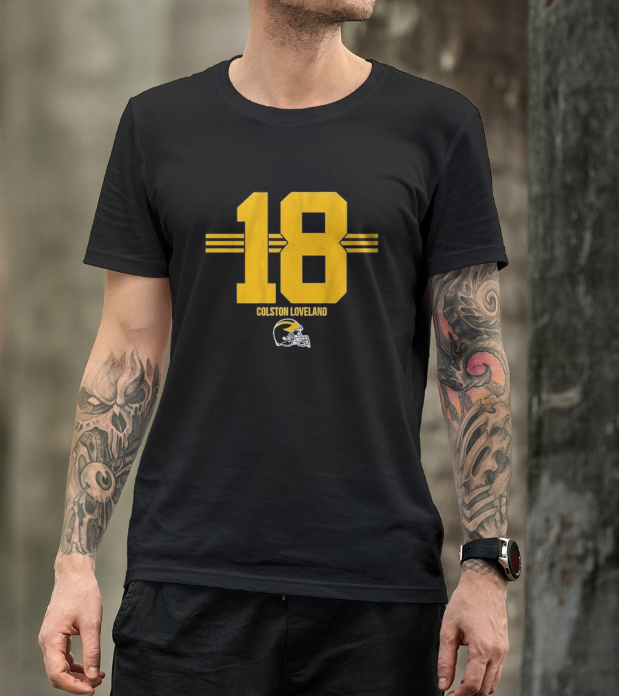 Colston Loveland 18 Michigan Football Helmet Stripe T-Shirt