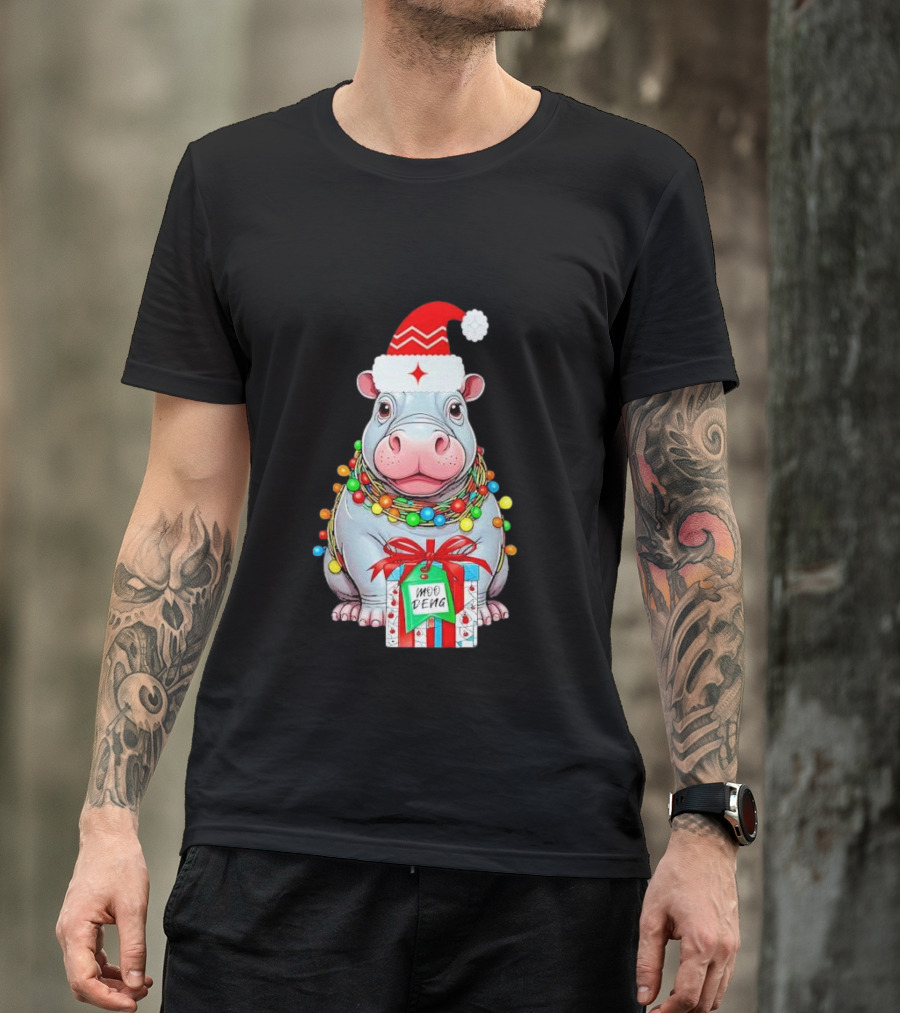 Moo Deng Merry Christmas Lights Tree Santa Hippo With Gift T-Shirt