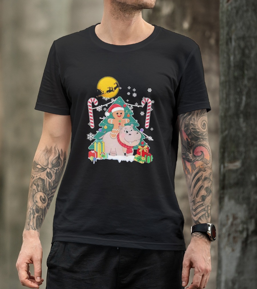Santa Gingerbread Riding Hippo Christmas Candy Canes Snowflake Christmas Tree T-Shirt