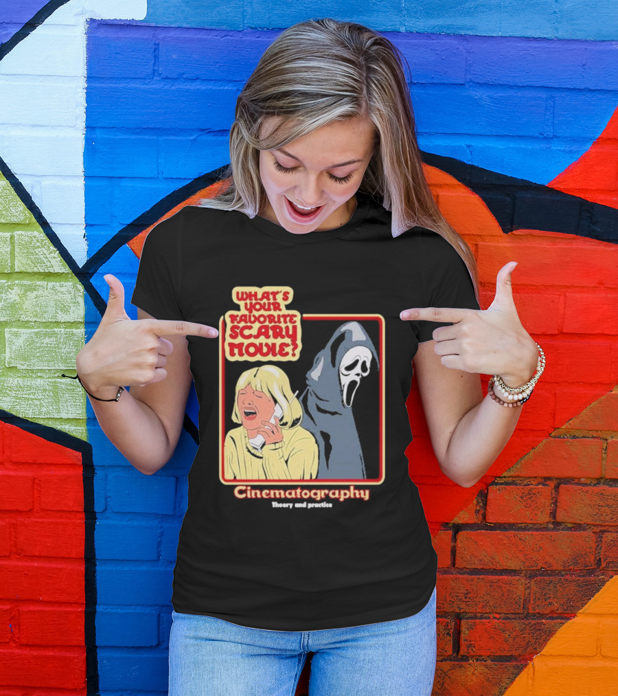 What’s Your Favorite Scary Movie Cinematography Theory And Practice Ghost Mask Girl On Phone T-Shirt
