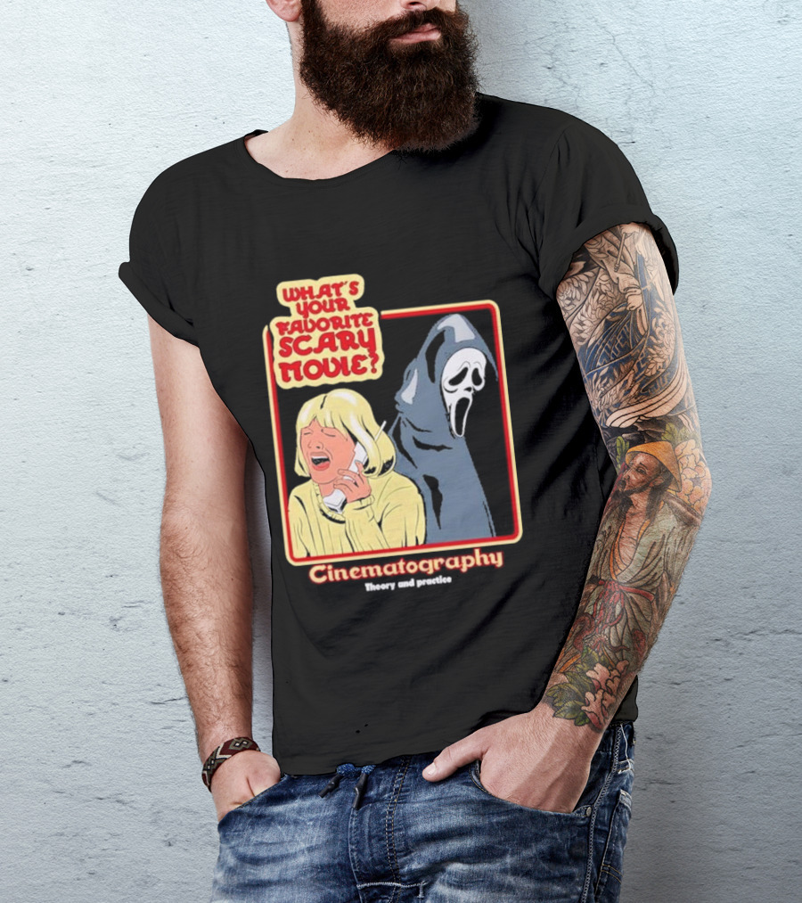 What’s Your Favorite Scary Movie Cinematography Theory And Practice Ghost Mask Girl On Phone T-Shirt