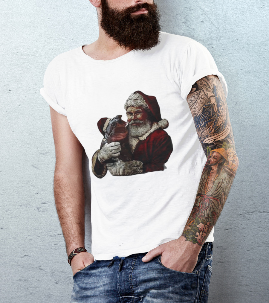 Moo Deng Xmas Funny Christmas Santa Hug Cute Baby Hippo Santa Claus Holiday T-Shirt