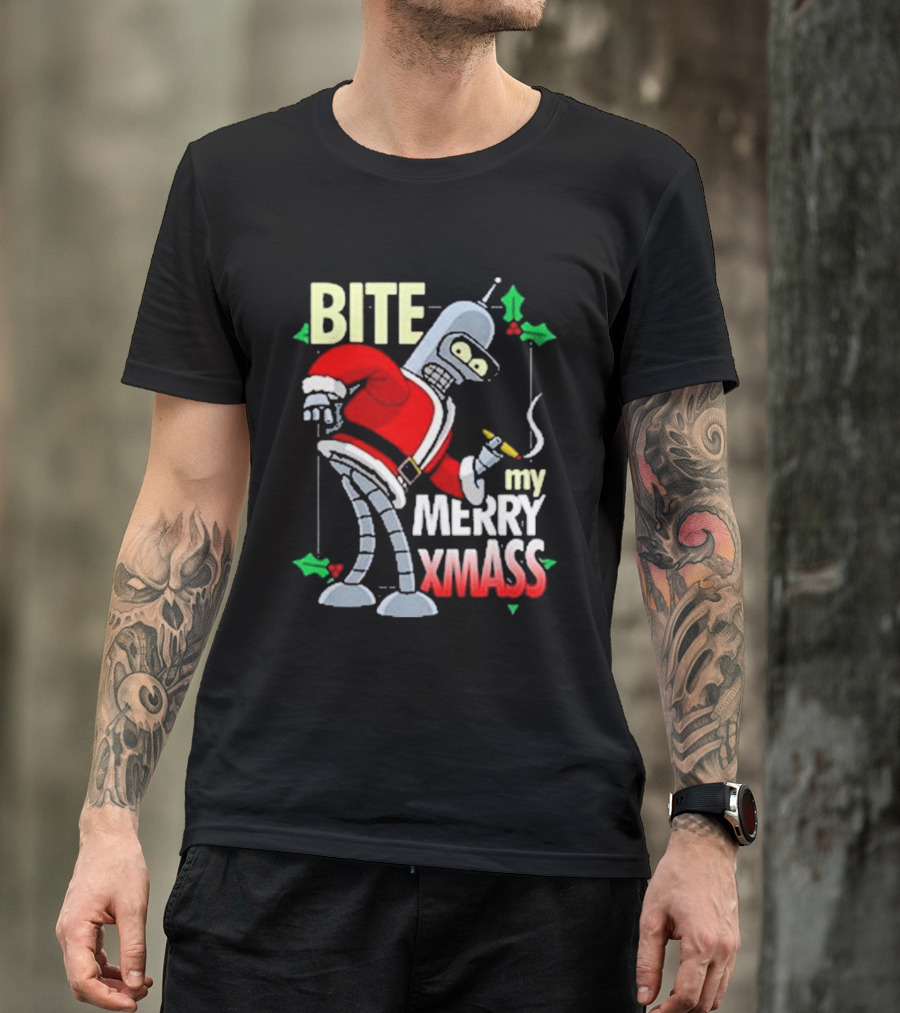 Bite My Merry Xmass Santa Robot Smoking Cigar T-Shirt