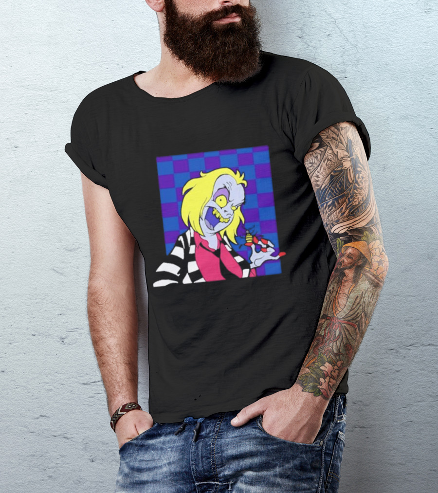 Pan Pizza Beetlejuice Cartoon Checkered Background T-Shirt