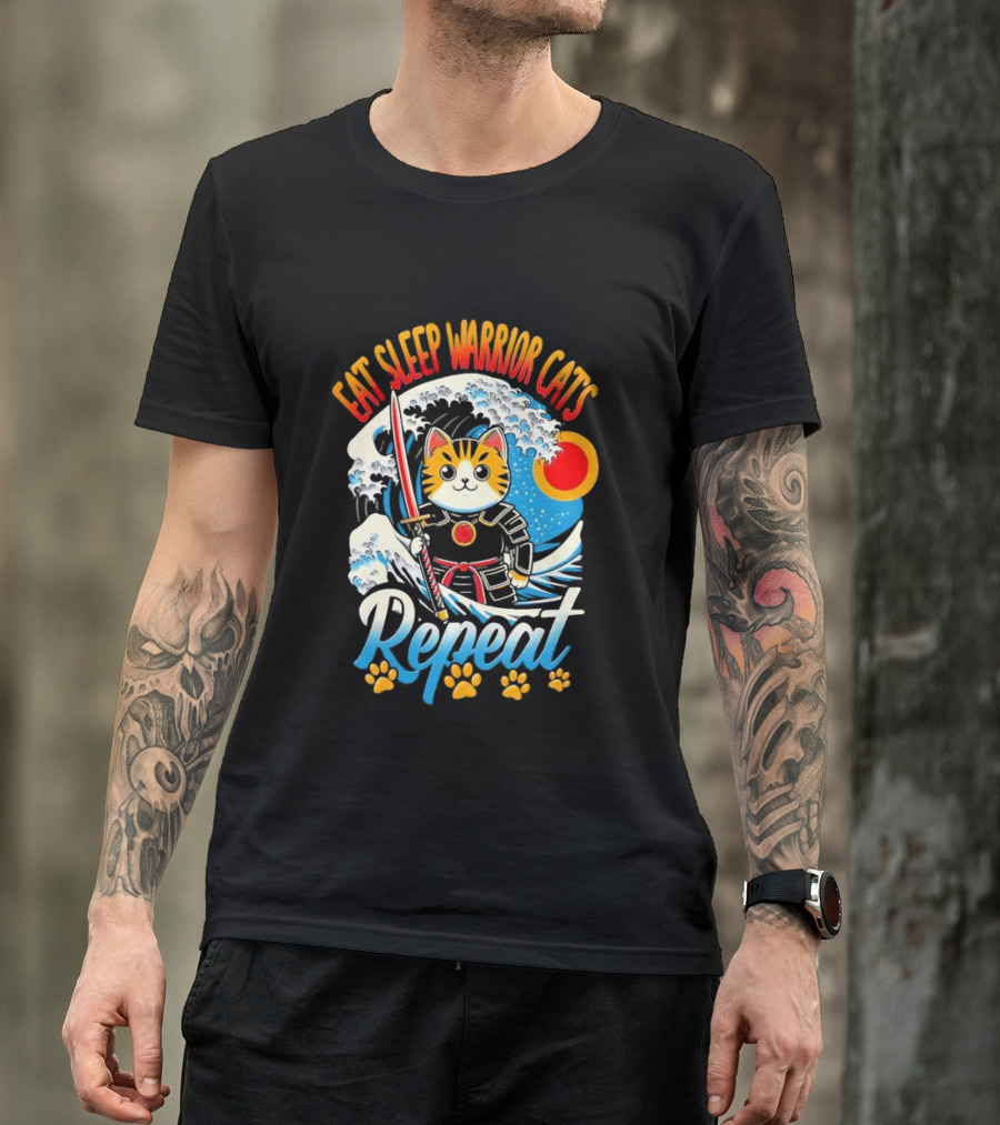 Eat Sleep Warrior Cats Repeat Great Wave Samurai Cat T-Shirt