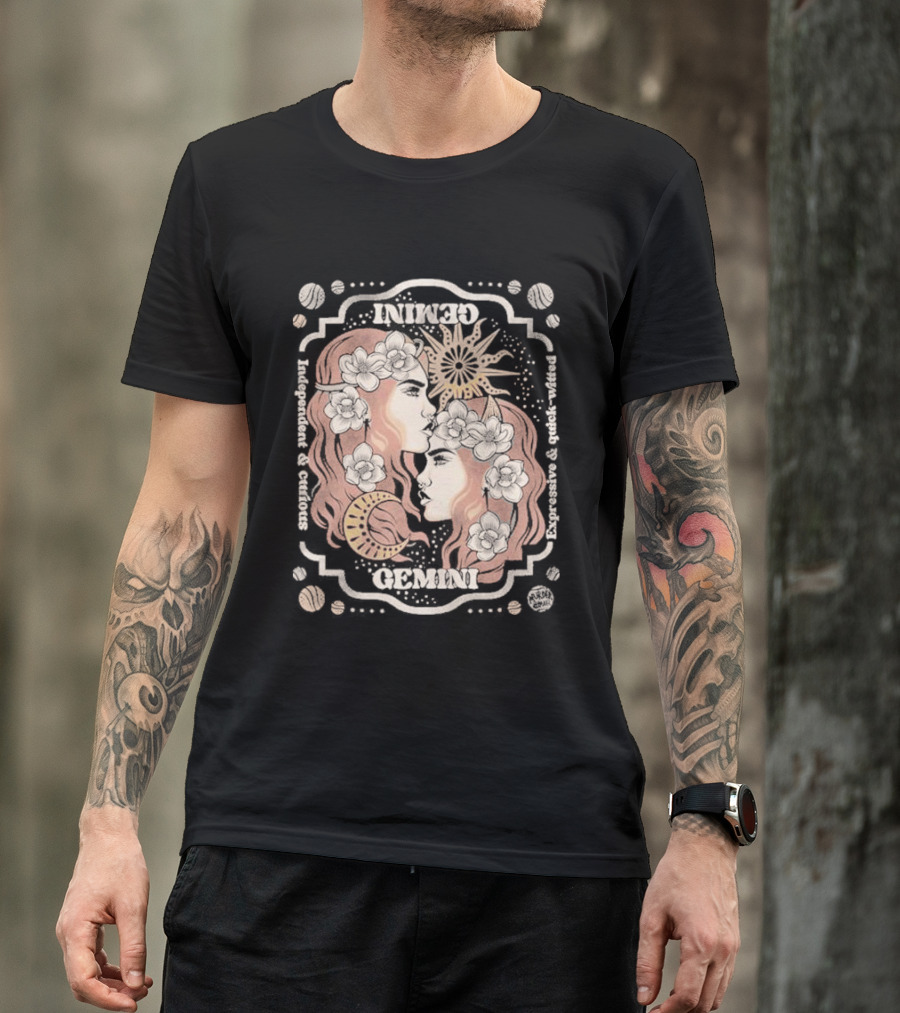Gemini Independent Curious Expressive Quick Witted Zodiac Sun Moon Floral T-Shirt