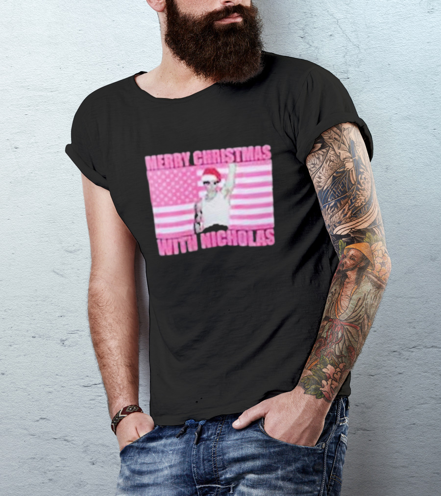 Merry Christmas With Nicholas Festive Santa Hat USA Flag T-Shirt