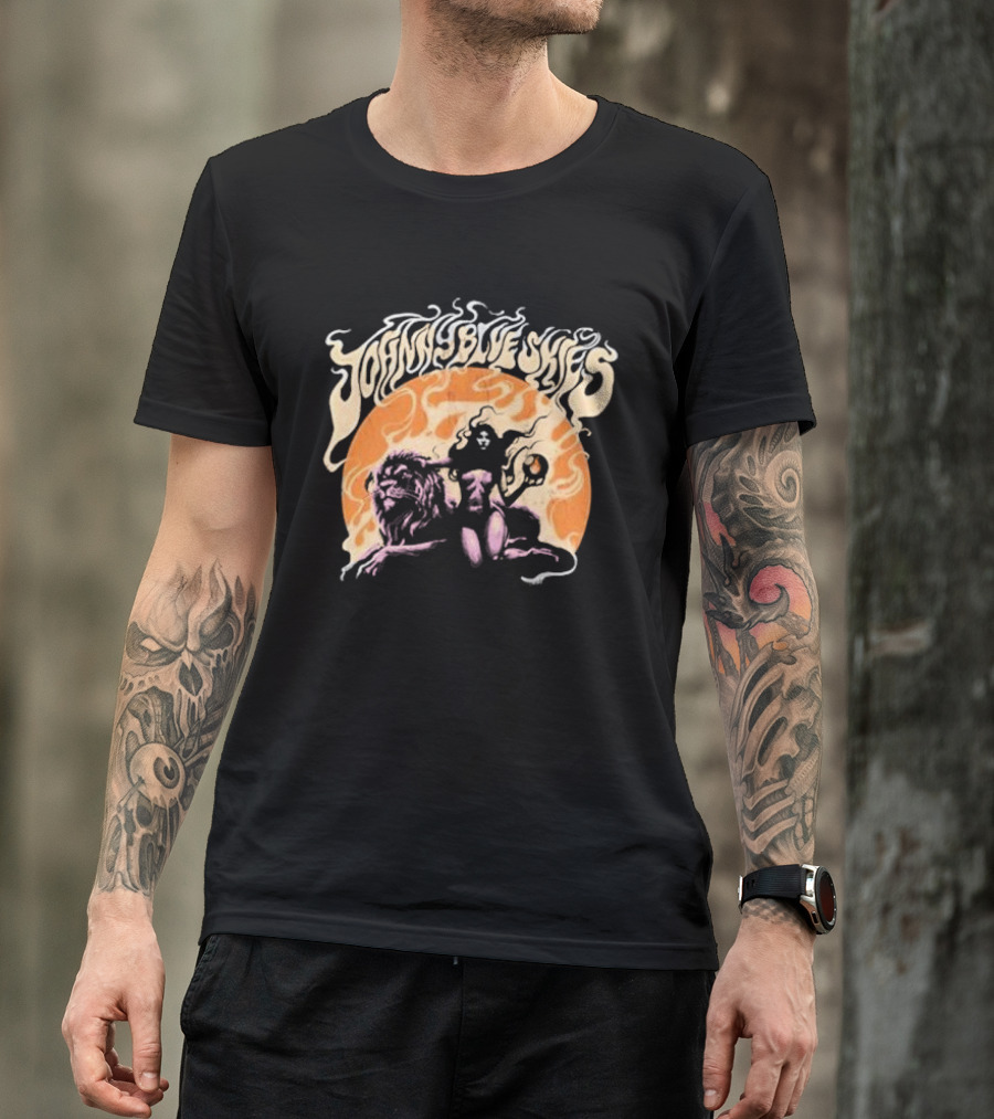 Johnny Blue Skies Sorceress With Lion Orange Background T-Shirt