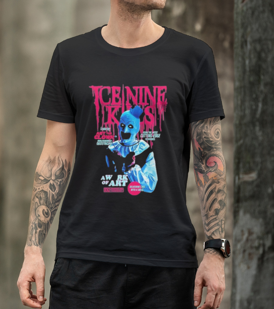 Rock Abilia Ice Nine Kills Black Featuring Art The Clown Cutting Edge Delivering Cake With A Smile T-Shirt
