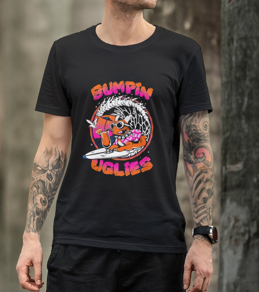 Bumpin Uglies Pug Riding Surf Wave With Cocktail And Sunglasses T-Shirt