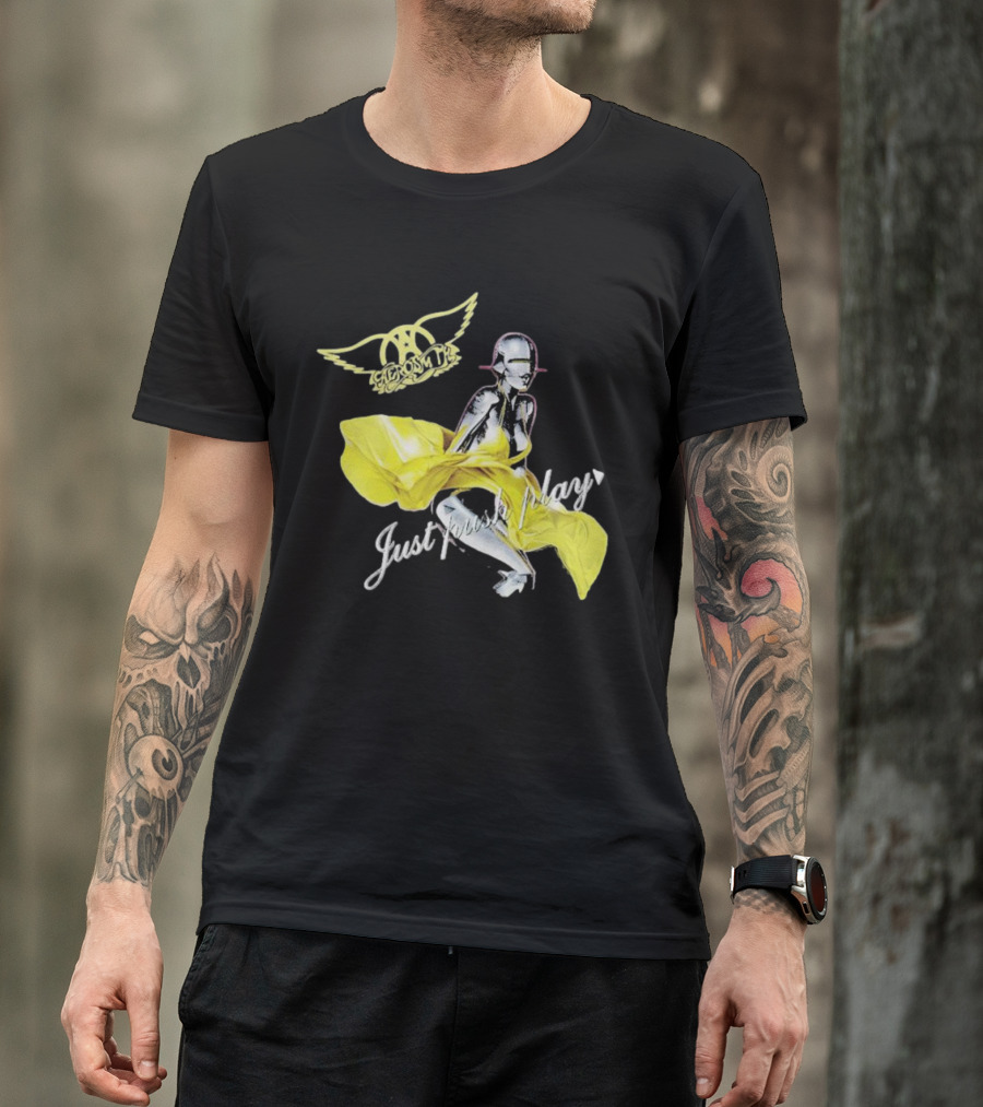 Aerosmith Just Push Play Logo With Futuristic Figure And Yellow Dress T-Shirt