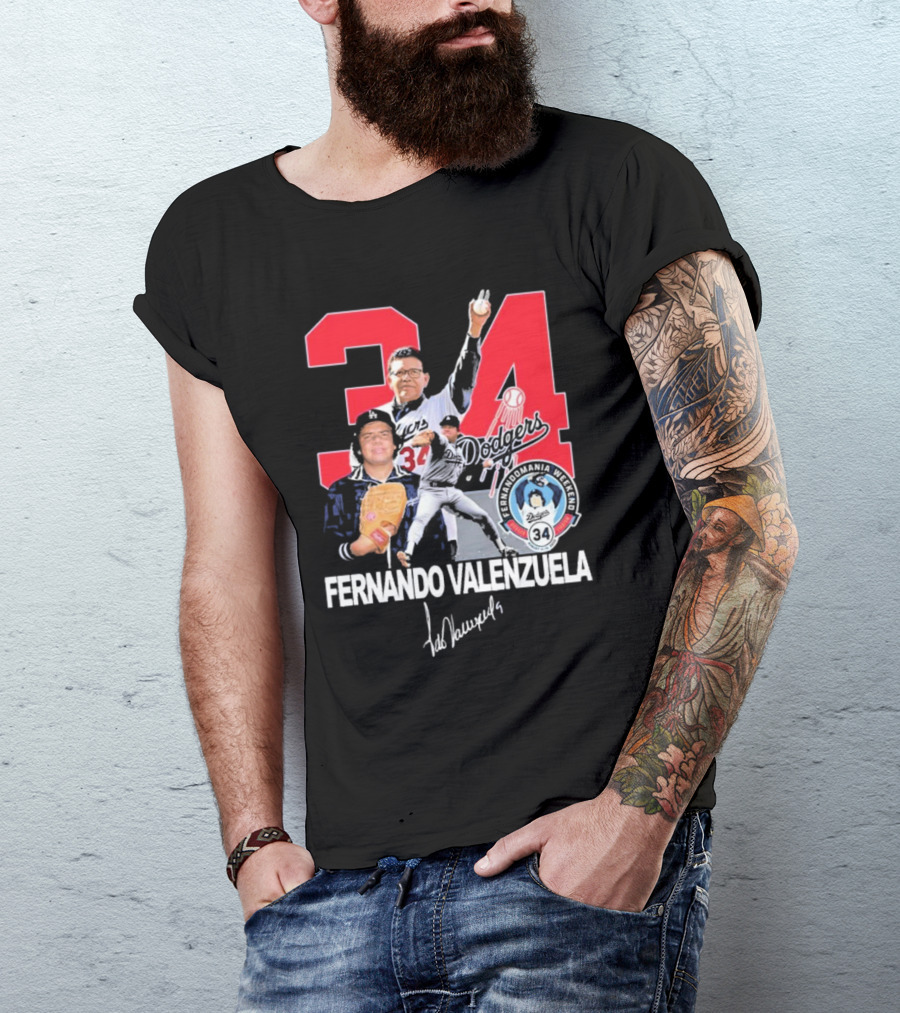34 Dodgers Fernando Valenzuela Fernandomania Legend Signature T-Shirt