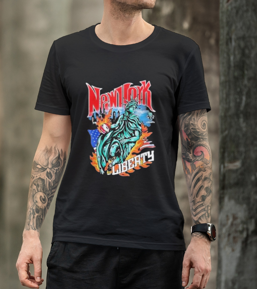 New York Liberty Statue Of Liberty With Flames And American Flag Basketball T-Shirt