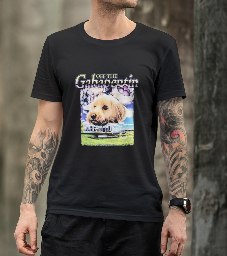 Off The Gabapentin Dog Floating Above Clouds And Stonehenge With Butterflies T-Shirt