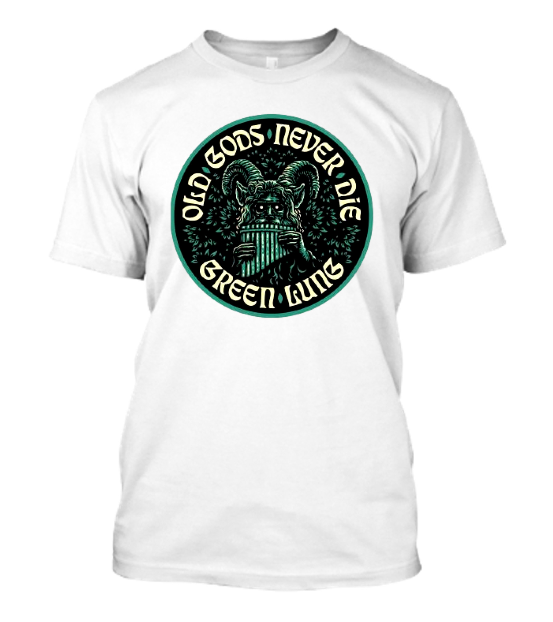 Old Gods Never Die Green Lung Goat-Horned Creature With Pan Flute T-Shirt
