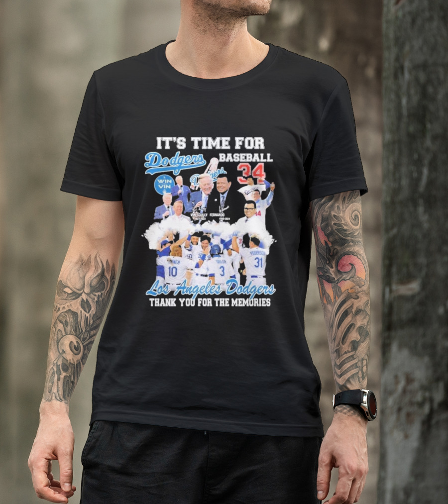 IT'S TIME FOR BASEBALL LOS ANGELES DODGERS VIN SCULLY FERNANDO VALENZUELA 34 THANK YOU FOR THE MEMORIES T-Shirt