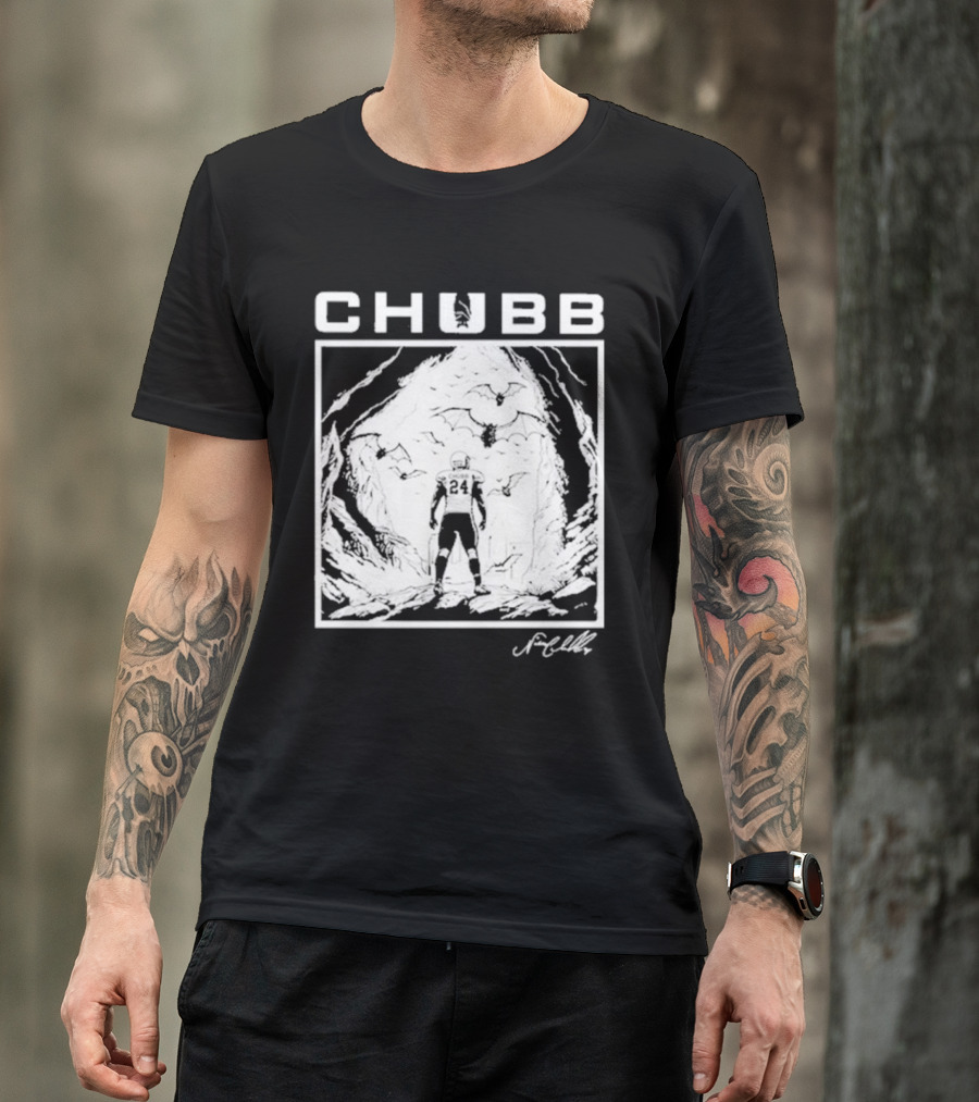 Chubb 24 Cleveland Football Bat Cave Fantasy Scene T-Shirt