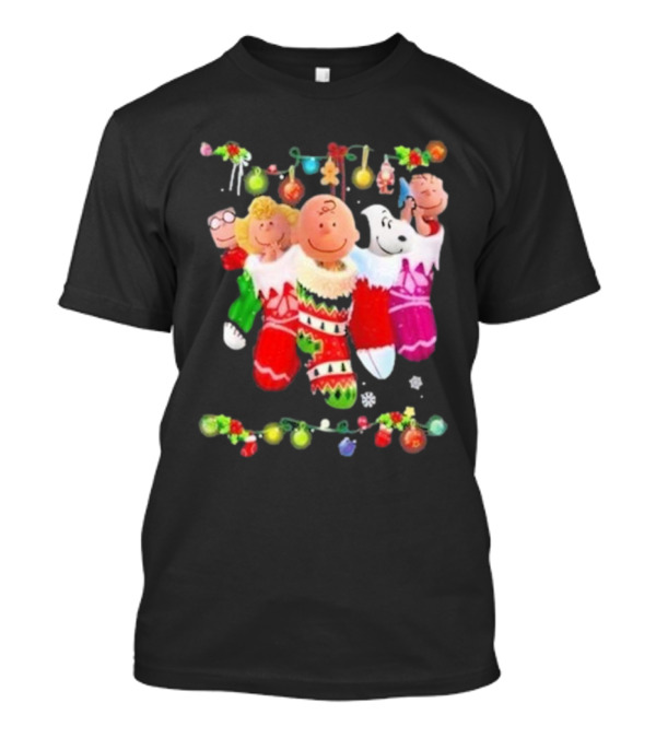 Snoopy Charlie And Friends In Festive Christmas Stockings With Holiday Lights T-Shirt