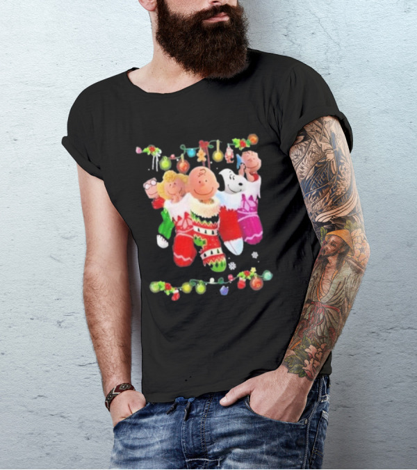 Snoopy Charlie And Friends In Festive Christmas Stockings With Holiday Lights T-Shirt