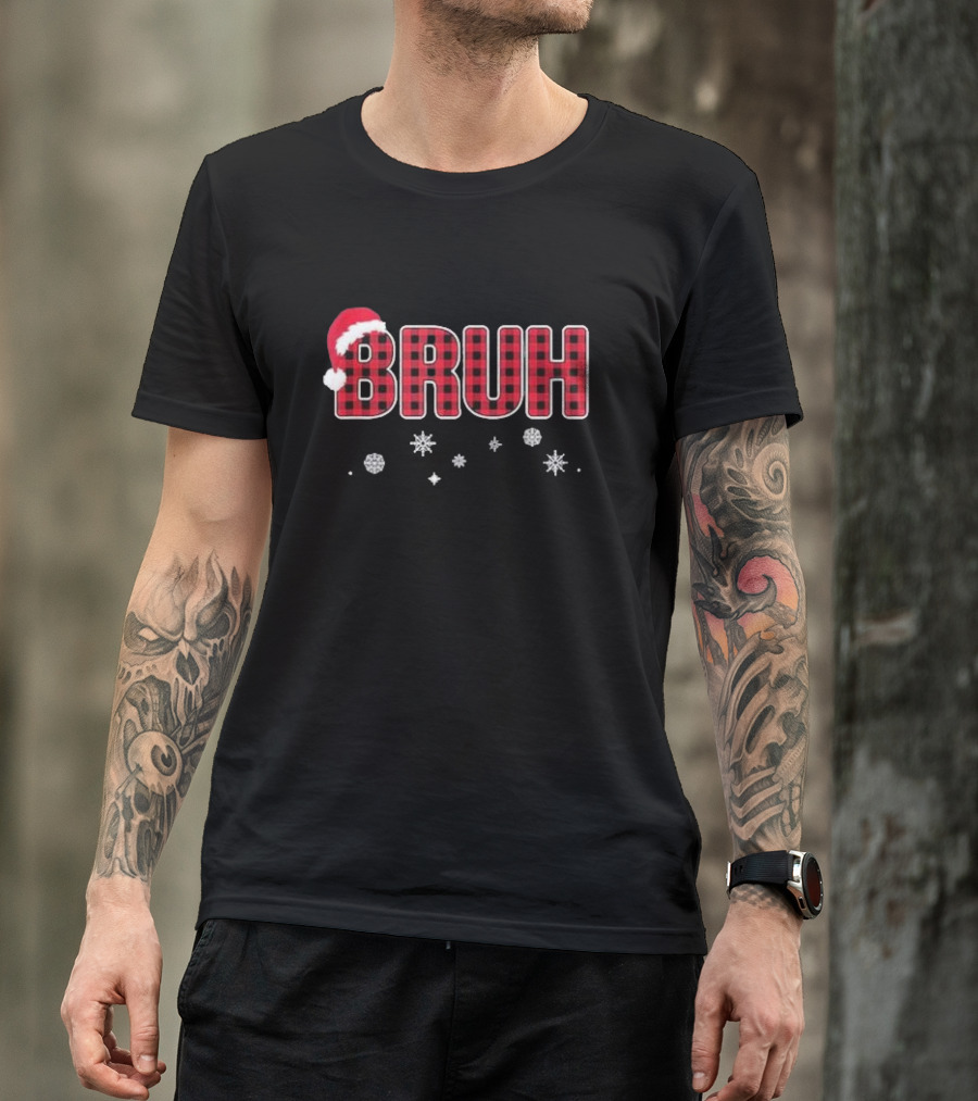 Bruh Christmas Pajamas Kids Teens Boys Red Plaid Santa Hat Snowflakes T-Shirt