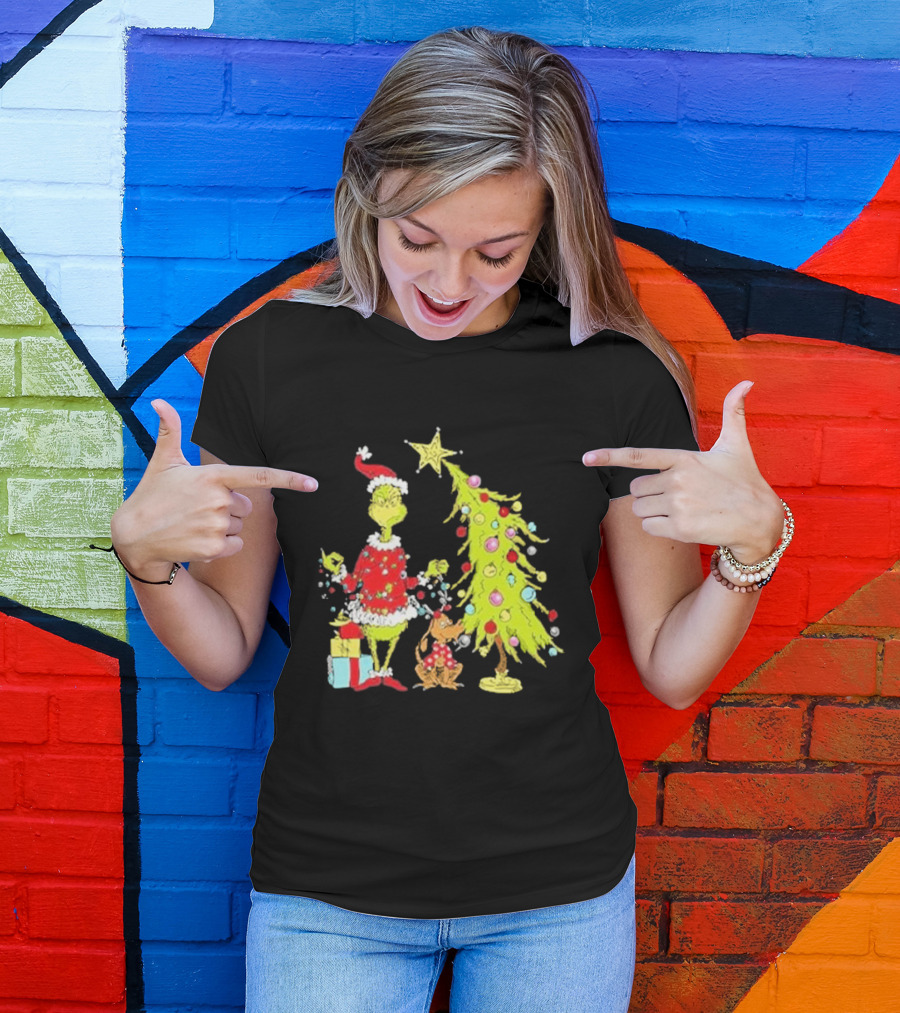 Grinch Christmas Tree With Santa Hat And Max By Presents T-Shirt