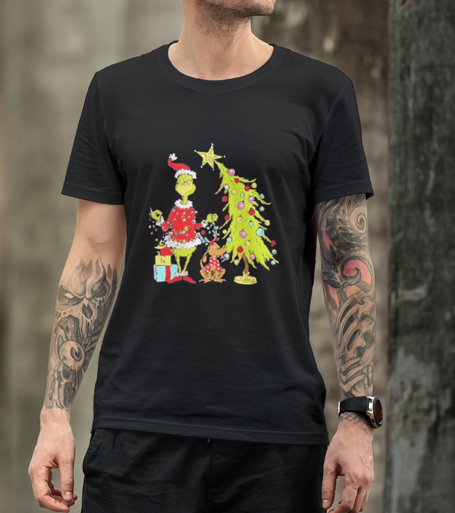 Grinch Christmas Tree With Santa Hat And Max By Presents T-Shirt