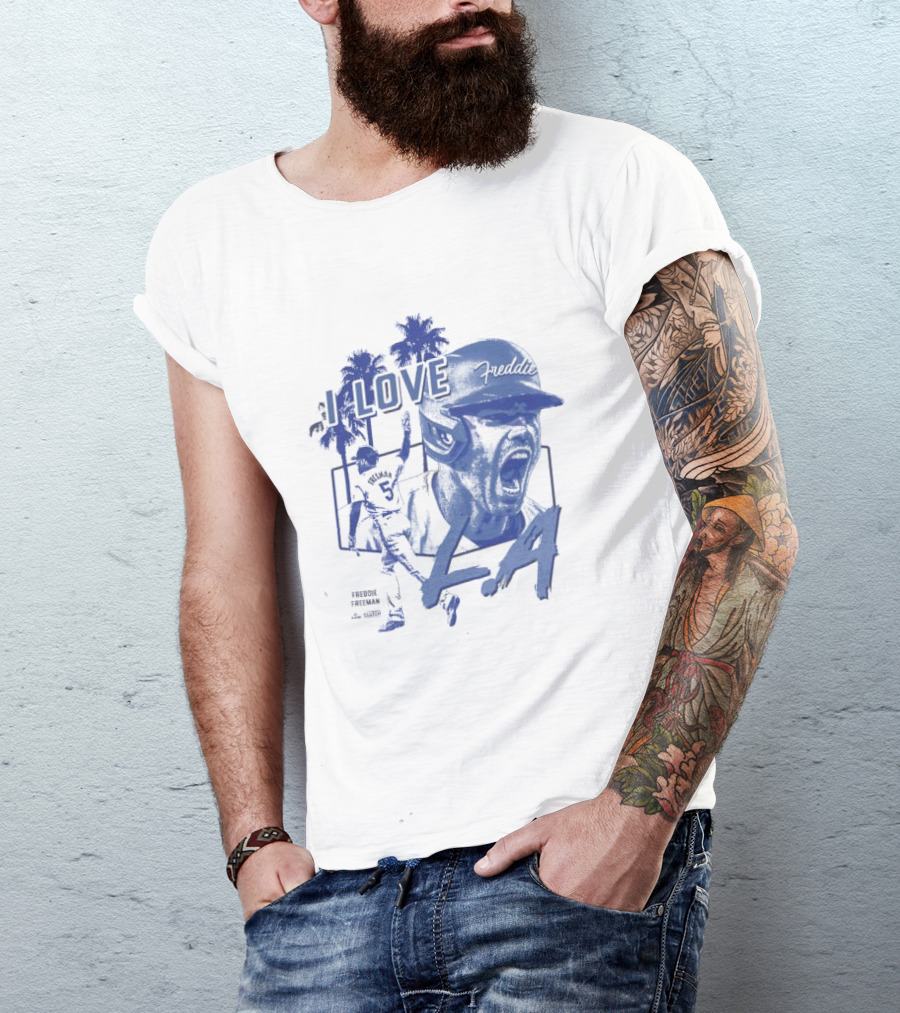 I Love LA Freddie Freeman Baseball Player Palm Trees Dodger Blue T-Shirt