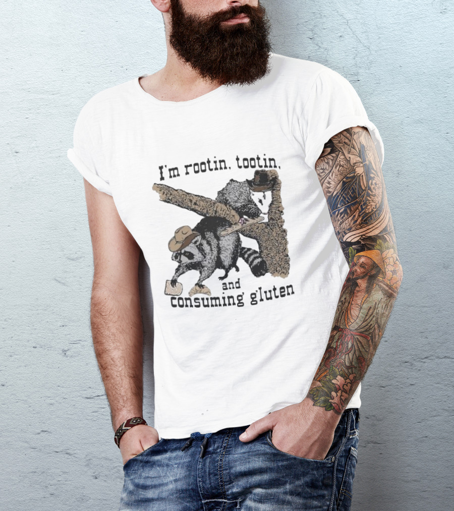 I'm Rootin Tootin Raccoon Duo Consuming Gluten In Cowboy Hats T-Shirt