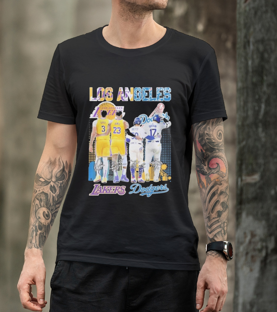 Los Angeles Lakers Dodgers LeBron James Anthony Davis Mookie Betts Freddie Freeman Signatures T-Shirt