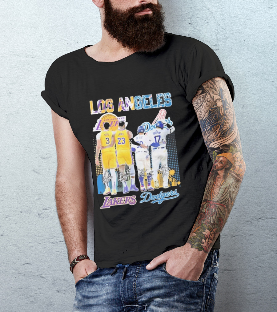 Los Angeles Lakers Dodgers LeBron James Anthony Davis Mookie Betts Freddie Freeman Signatures T-Shirt