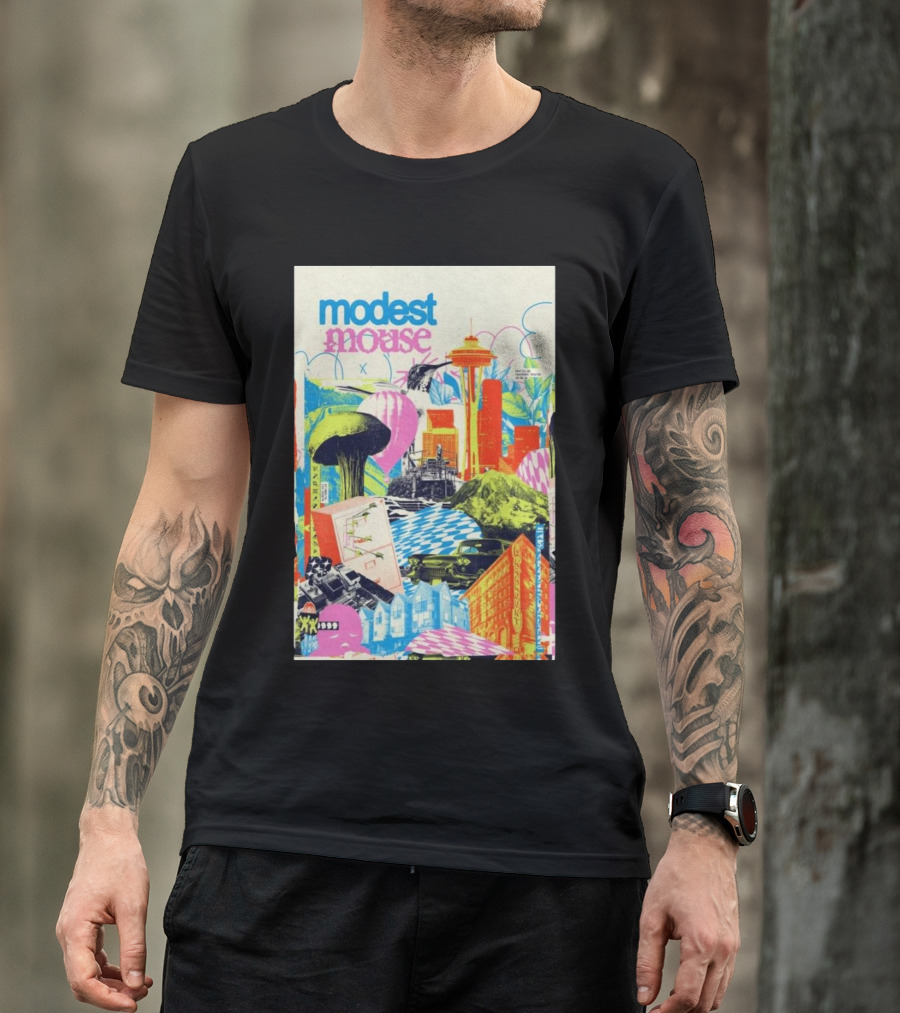 Modest Mouse Seattle WA 2024 Space Needle Colorful Collage T-Shirt