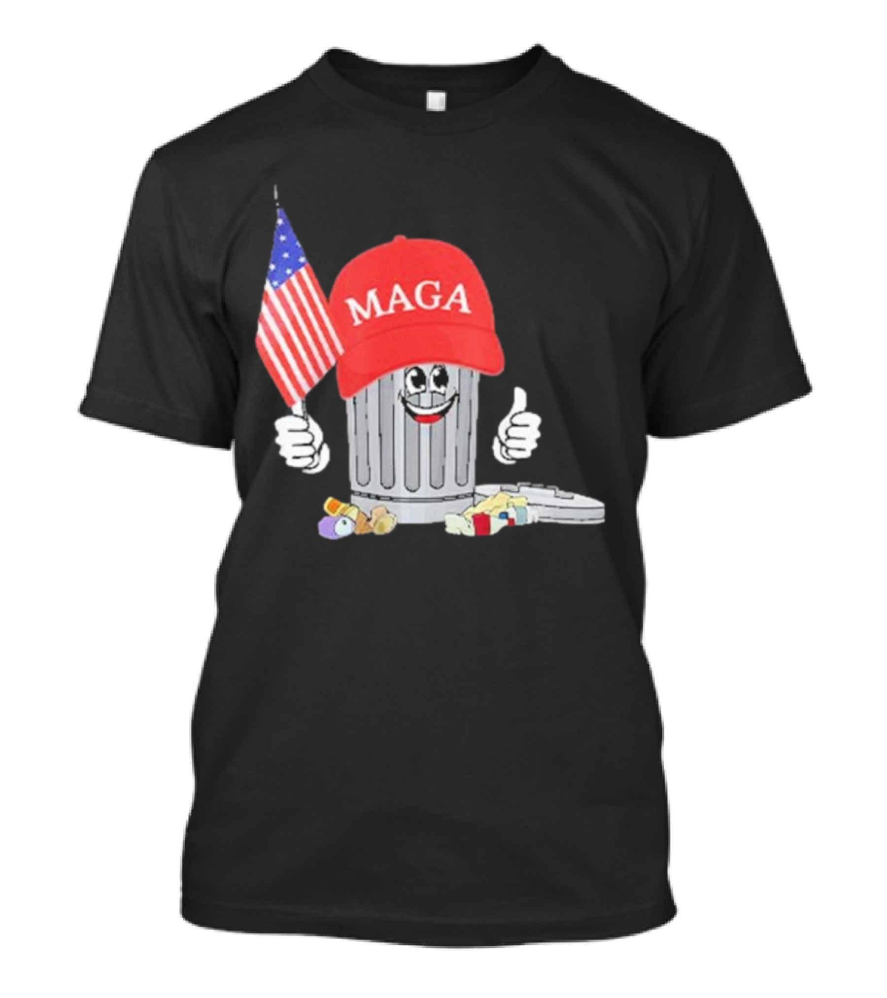 Funny Trump MAGA Hat Mascot Holding American Flag Near Garbage Can T-Shirt