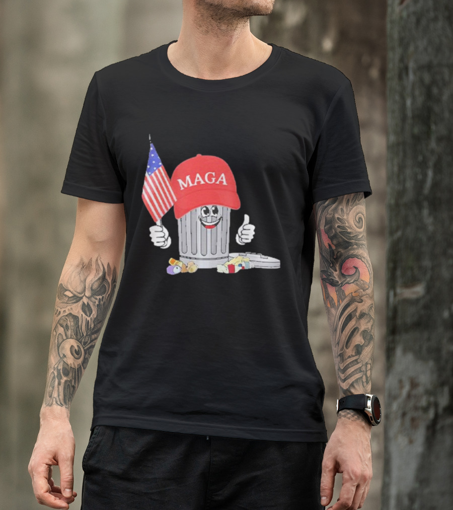 Funny Trump MAGA Hat Mascot Holding American Flag Near Garbage Can T-Shirt