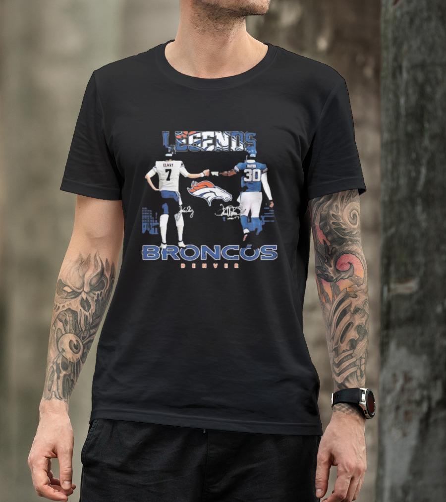 Denver Broncos Legends Elway Davis Signature Football Duo T-Shirt