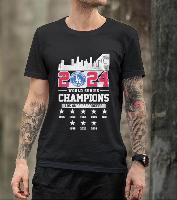 Los Angeles Dodgers 2024 World Series Champions Skyline And Historic Wins T-Shirt