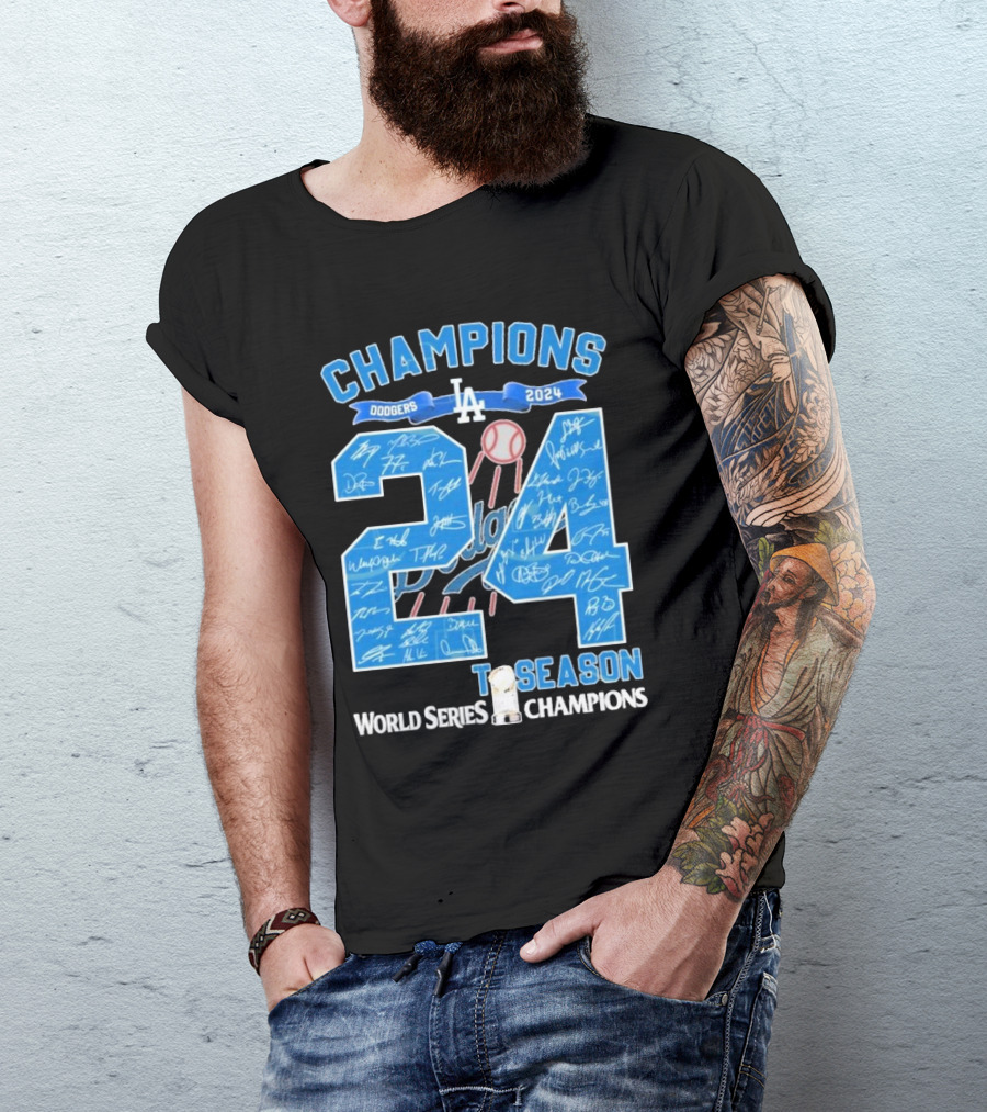 Champions Dodgers 2024 LA Perfect Season World Series Signature T-Shirt